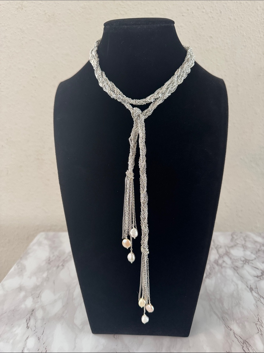 Silver-Tone Braided Lariat Necklace with Faux Pearl Accents